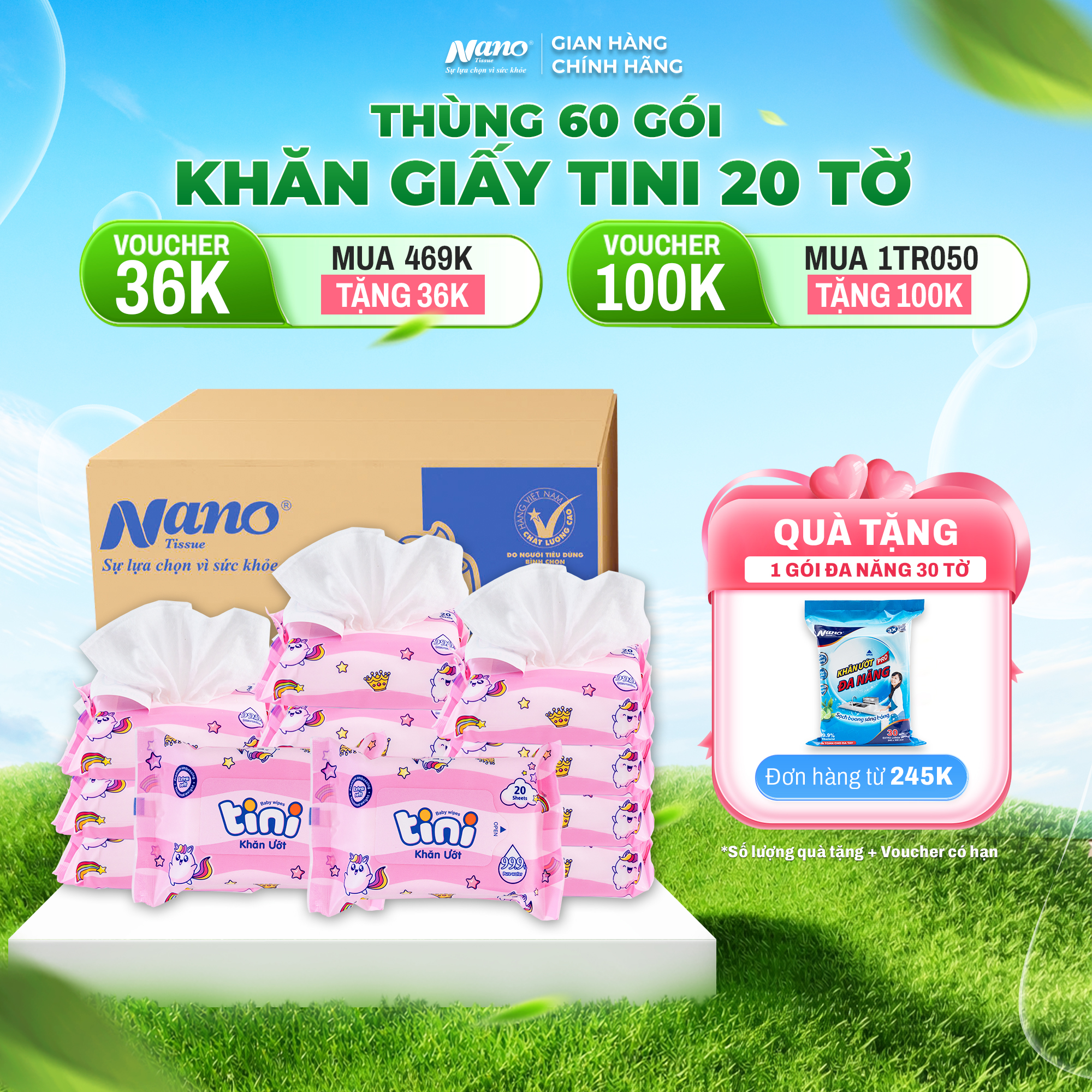 Khăn ướt Tini 20 tờ Màu hồng